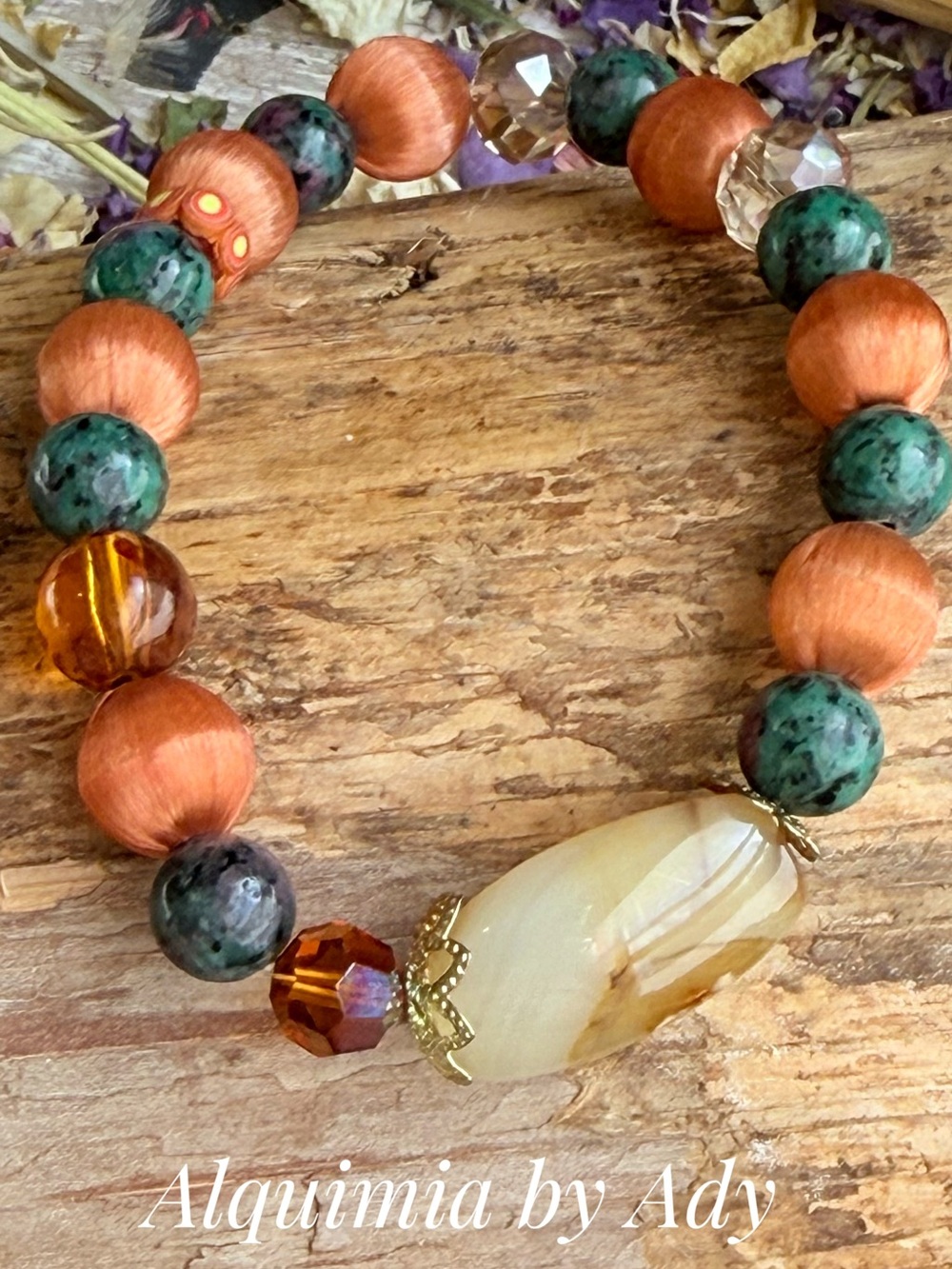 Montana Agate Orange, Green & Cream Beaded Bracelet